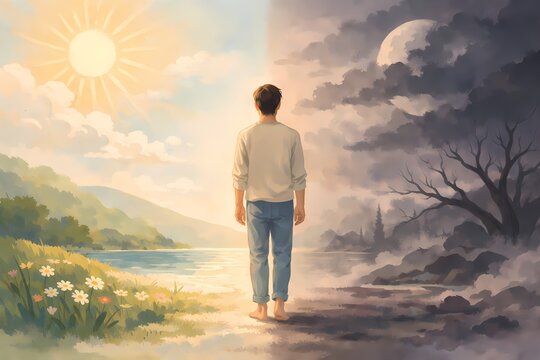 Conceptual illustration of a person standing between light and darkness, symbolizing emotional duality and toxic positivity.