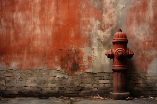Red fire hydrant stands in front of a heavily textured, peeling orange and gray city wall