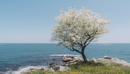 Springtime landscape featuring a blooming white tree near water on an island, suitable for nature-themed backgrounds