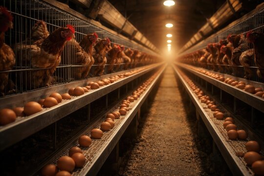 Battery cage chicken layer egg production conveyor system in poultry farm housing with copy space