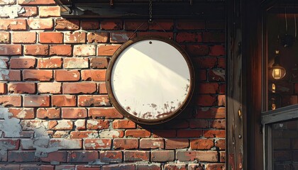 and keyword list based on the image

 Blank Circular Sign Hanging on Weathered Brick Wall of Vintage Building