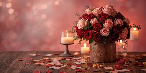 Valentine's Day themed collage with roses used as decorative elements for celebration, floral display for holiday