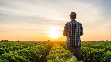 Fototapeta premium Farmer watching sunset over agricultural field. Sustainable farming and rural lifestyle. Man in plaid shirt standing in green crop plantation at dusk