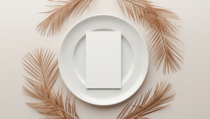 Vertical blank card set on white plate surrounded by dried palm leaves on beige backdrop, intended for elegant wedding or event flat lays