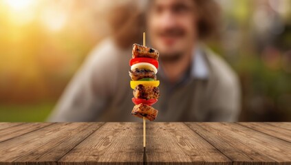 Food served on a wooden skewer, highlighting street food presentation and hygiene