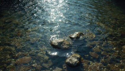 Obraz premium Crystalline water flowing over stones in a mountain stream with sunlight, suitable as a peaceful background for meditation