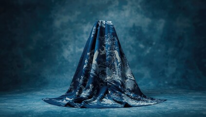 Ancient textile featuring indigo dye and classic motifs of pine, bamboo, plum blossoms, and cranes, emphasizing traditional artistry