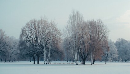 Fototapeta premium Snow-laden deciduous trees in a park setting, highlighting winter weather, Winter Solstice