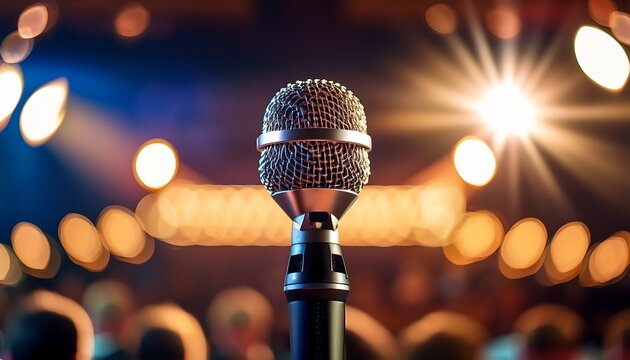 close up of a microphone on a stand the microphone is in focus while the background is blurred but it appears to be a stage with bright lights shining down on it