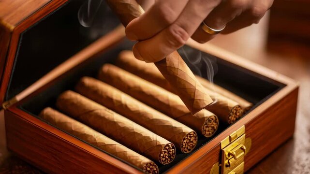 Man takes cigar from wooden box at a lounge during evening hours