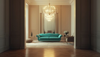 Fototapeta na wymiar Room interior with a mirror and turquoise sofa intended for space organization, decor setup, and visual planning, no holiday