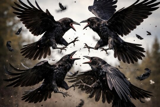Raging black feathered birds squabbling midflight
