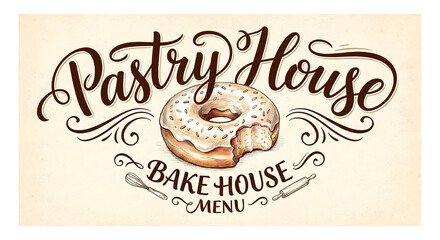 Obraz premium Vintage Pastry House Signage with Hand Drawn Glazed Donut and Typography on Beige Background