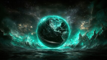 A glowing Earth planet orbits within a swirling cosmic nebula in deep space with vibrant energy waves crashing against dark water