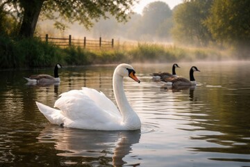 Fototapeta premium Graceful domestic swan gliding peacefully on calm water with geese nearby in serene rural scene