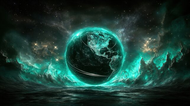 A glowing Earth planet orbits within a swirling cosmic nebula in deep space with vibrant energy waves crashing against dark water - Powered by Adobe