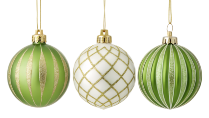 Three Decorative Green Christmas Ornaments isolated on transparent background