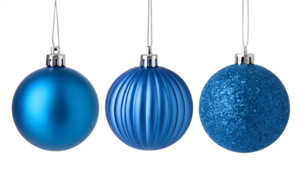 Three Blue Hanging Christmas Ornaments isolated on transparent background