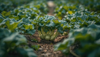 Fototapeta premium Green kohlrabi growing amidst leaves in a farm setting, emphasizing sustainable agriculture