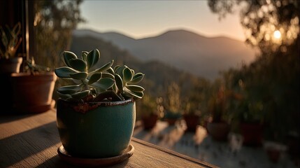 Teal Potted Succulent At Sunset Mountain View