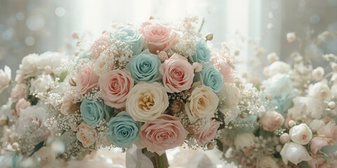 Soft-colored roses crafted into a bridal floral arrangement, suitable for wedding decoration
