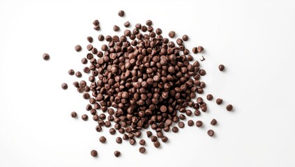 Chocolate chip morsels spread on a white surface, used for baking and dessert decoration
