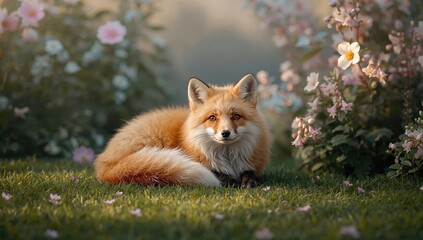 Obraz premium Wild fox resting on lush grass with flowers, highlighting animal behavior and habitat preservation