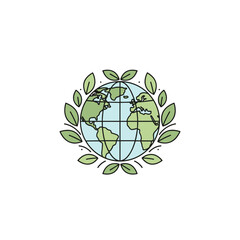 Globe with leaves icon symbolizing environmental awareness and sustainability on transparent background