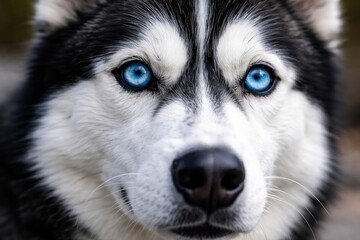 close up of a husky dog displaying bright blue eye color
