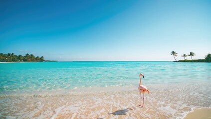 A solitary flamingo on a sandy shoreline, highlighting coastal ecosystem importance