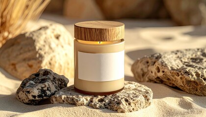 Lit Candle on Rock, Desert Sand Background, Serene Atmosphere, Focus on Product, Close-up