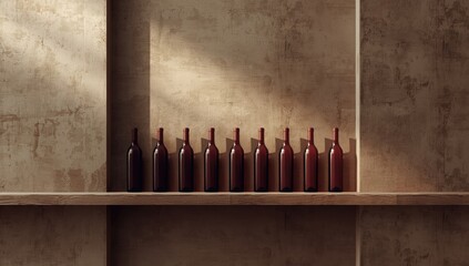 Wide shot of multiple red wine bottles stored on a wooden shelf, designed as a web banner background wine collection
