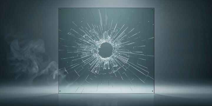 Thick bulletproof glass fractured by a high-caliber gunshot, safety barrier resilience
