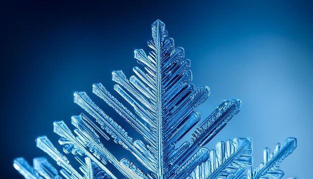 detailed macro of a geometrical ice crystal on blue background
