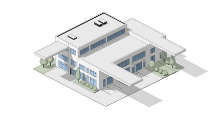 Modern Industrial Building with Overhead Shelters and Landscaping, Isometric View