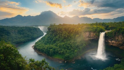 Tropical Malaysian mountain, forest, and river scenery with summer sunlight highlighting landscape features