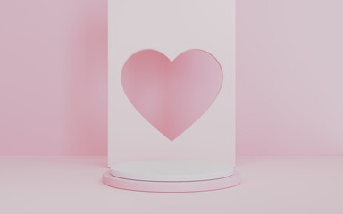 Cylinder podium pedestal with heart shape on pink background