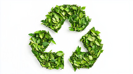 Recycling symbol made of fresh green leaves isolated on white background. Eco concept, sustainability, environmental protection and circular economy idea.