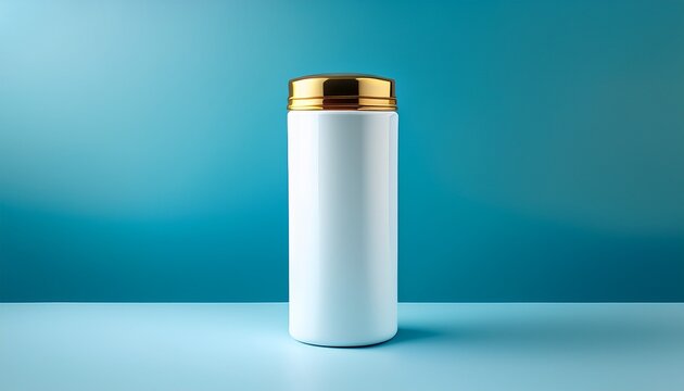 white cylindrical container with a gold lid on a light blue background the container appears to be empty and is placed on a white surface