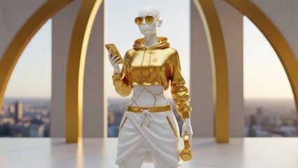 Futuristic Cyborg Woman in Golden Hoodie Holding Smartphone, Kintsugi Marble Skin, Luxury Cyberpunk Style 3D Render