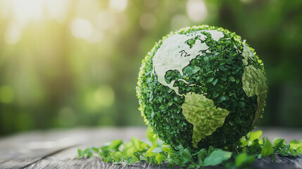 Eco globe made of green leaves representing Earth. Sustainability, environmental protection and green future concept.
