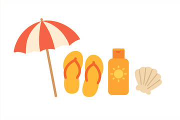 Beach items including sun umbrella, flip flops, sunscreen bottle, and a shell on plain background