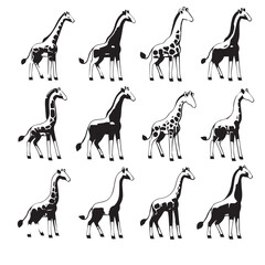 Set of vector silhouettes of giraffe animals on a white background