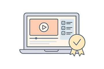 Laptop screen displays video player with checklist and badge indicating quality or completion of task © Alan