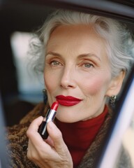 Confident Senior Woman Applying Bold Red Lipstick in Car Mirror
