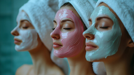Close-up of women wearing different facial masks. Skincare routine, beauty treatment, cosmetic diversity and self-care concept.