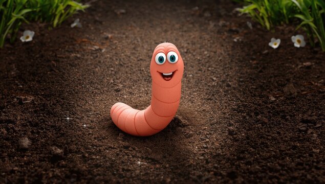 Playful cartoon earth worm smiling and crawling, designed for kids learning resources, Earth Day