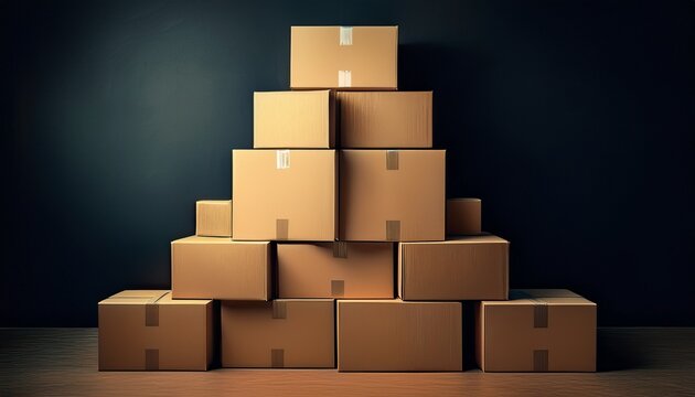 stack of cardboard boxes in a dark room with a black wall in the background the boxes are arranged in a pyramid like shape and are stacked on top of each other