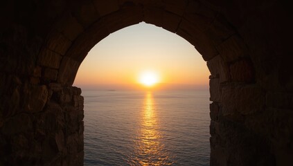 Fototapeta premium Ocean sunset scene captured through a wall opening, ideal for background or visual layout use