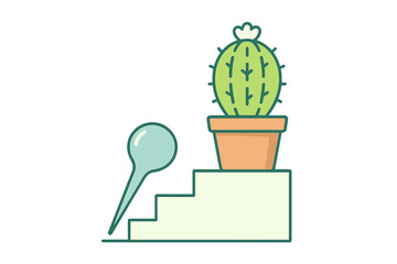 Cactus placed on steps in a planter during daytime with a marker indicating location